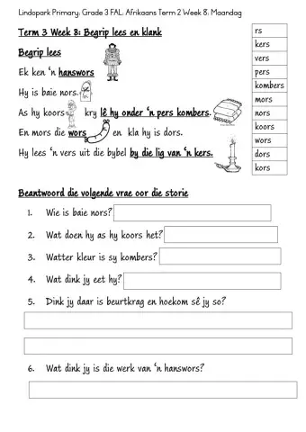 FAL: AFrikaans Term 2 Week 8 Monday: rs klank grade 3