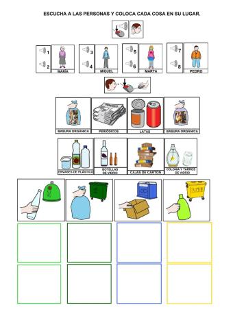 ¡A reciclar!: Escucha a las personas y coloca cada cosa en el lugar donde se tira