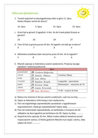 Obliczenie kalendarzowe