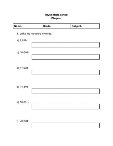 Math worksheet on numerals