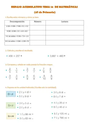 REPASO ACUMULATIVO DEL TEMA 14 DE MATEMÁTICAS (4º de Primaria)