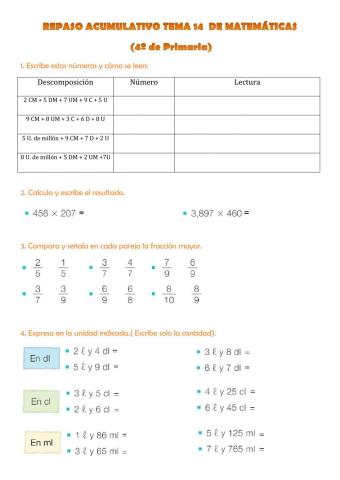 REPASO ACUMULATIVO DEL TEMA 14 DE MATEMÁTICAS (4º de Primaria)