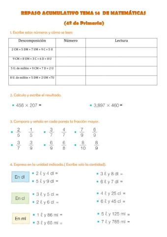 REPASO ACUMULATIVO DEL TEMA 14 DE MATEMÁTICAS (4º de Primaria)