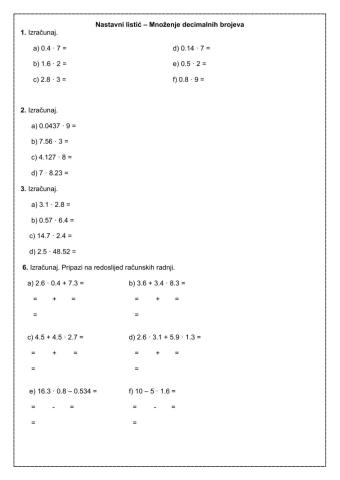 Nastavni listić - Množenje decimalnih brojeva
