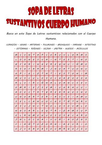 Sopa de Letras de Sustantivos del Cuerpo Humano