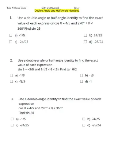 Double Angle and Half Angle Identities