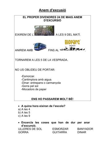 Comprensió lectora: anem d'excursió