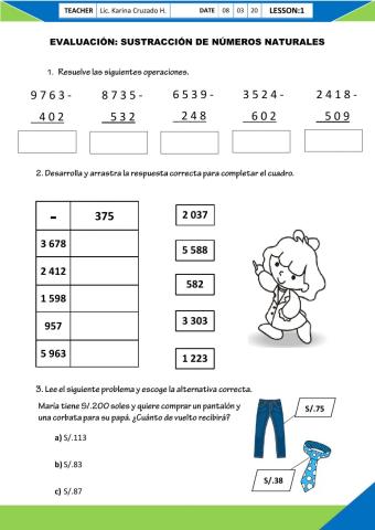 Evaluación de sustracción de números naturales