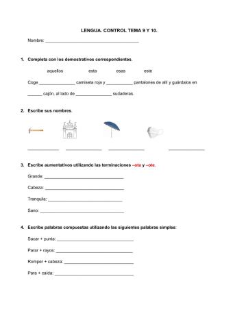 Control Lengua, 2º Primaria. Tema 9 y 10