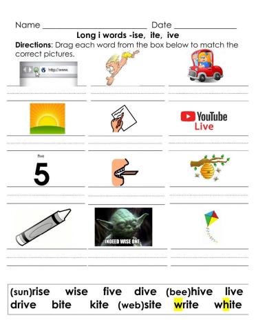 Match Long Vowel i Words -ise, -ite, -ive to Pictures