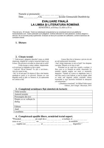 Evaluare finala semestriala Limba și literatura română, cls. IV, semestrul al II-lea