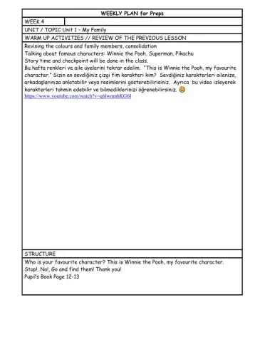 Weekly Plan for Prep (Week 4)