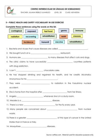 Public Health and safety vocabulary exercise
