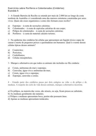 Poríferos e Celenterados (Cnidários)