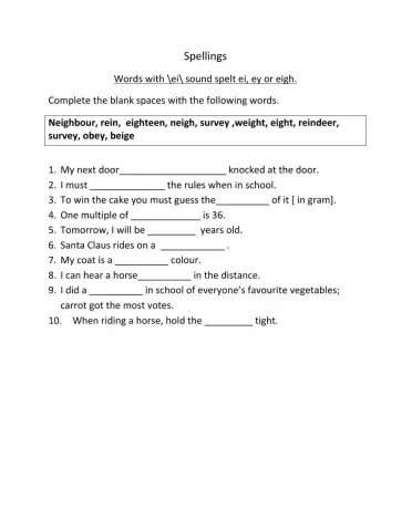 Words with -ei- sounds spelt 'ei', 'ey' and 'eigh'
