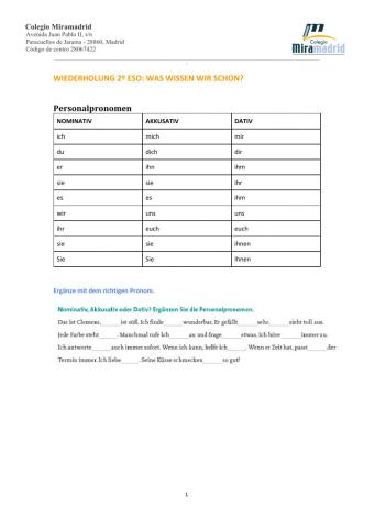 Personalpronomen im Nominativ, Akkusativ und Dativ