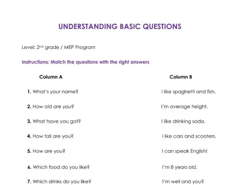 BASIC QUESTIONS MATCHING EXERCISE - Worksheet -1 - Second Grade - MEP Program CR