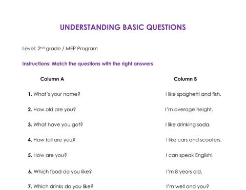 BASIC QUESTIONS MATCHING EXERCISE - Worksheet -1 - Second Grade - MEP Program CR