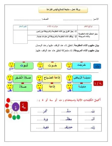 ورقة عمل التاء المربوطة و المفتوحة
