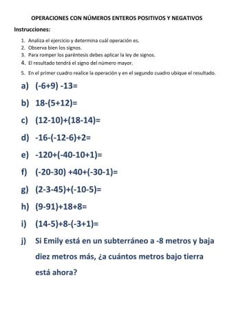 Operaciones con números enteros positivos y negativos