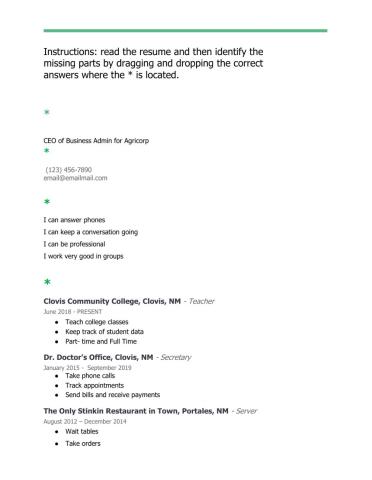 Parts of a Resume Fill in Level 1