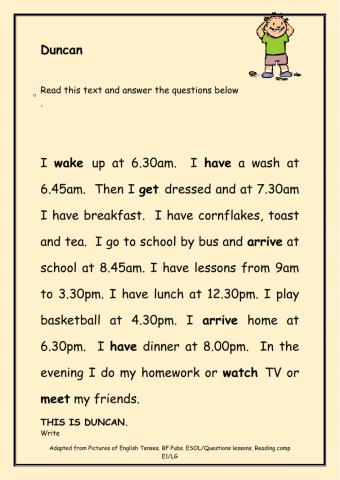 Duncan story present simple routines
