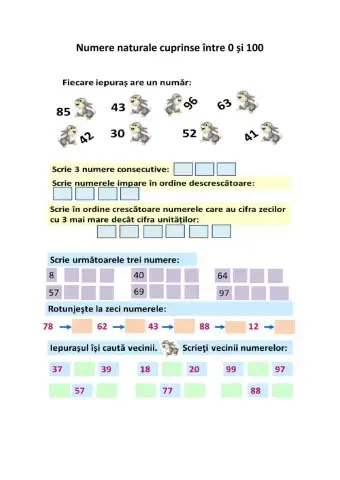 Iepuraș matematician-Numere naturale 0-100, numărare,ordonare, fișa 1