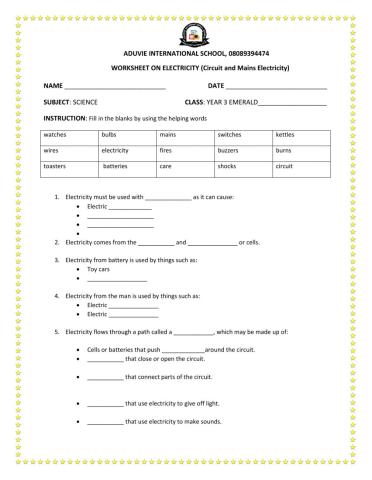 Electricity worksheet