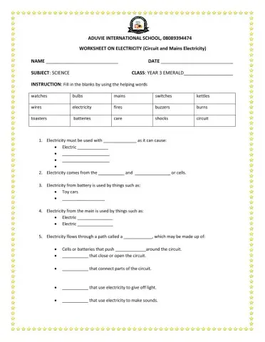 Electricity worksheet (Circuit and Mains Electricity)