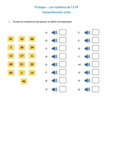 Les nombres de 1 à 59 (compréhension orale)