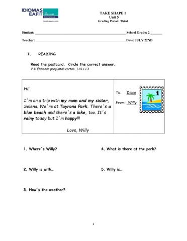 Take shape 1 unit 5 reading midterm