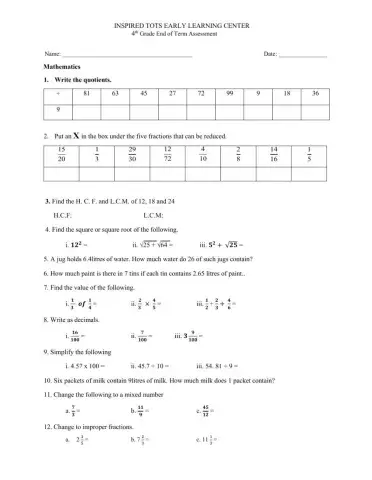 End of Year Mathematics Assessment