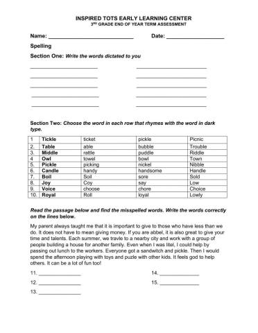 End of Year Assessment Spelling