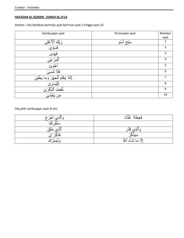 Surah al-a'la ayat 1 hingga 10 akhir ayat tersusun