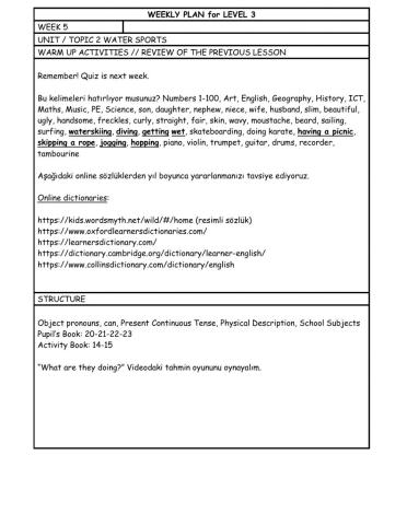 Level 3 Week 5 weekly plan