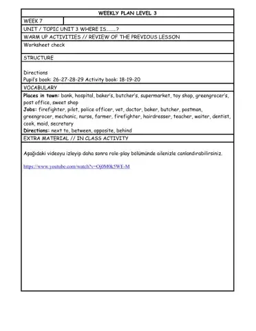 Level 3 Week 7 weekly plan