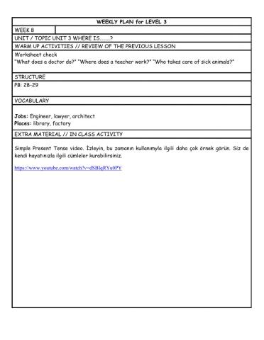 Level 3 Week 8 weekly plan