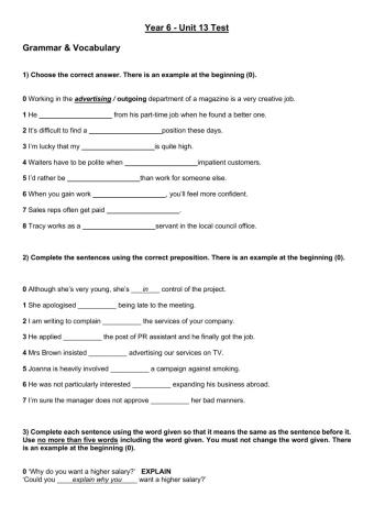 Year 6 U13 Test Grammar & Vocabulary