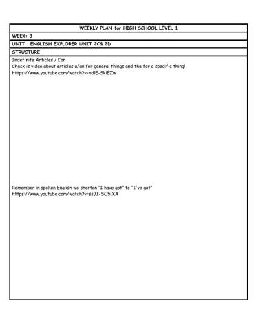 HS L1 WEEKLY PLAN week 3