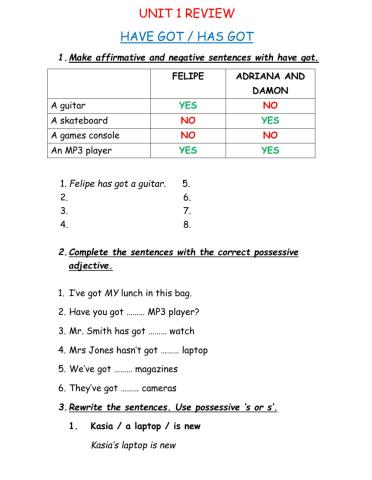 Have got - has got - possessive adjectives - possessive 's - objects - adjectives