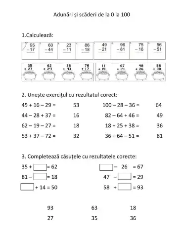 Adunări și scăderi , cu numere de la 0 la 100