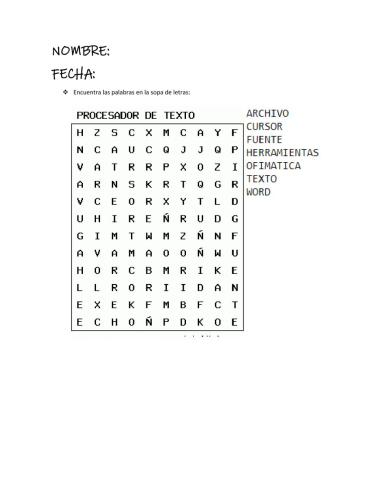 Sopa de letras: Procesador de texto