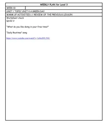 Level 3 Week 10 weekly plan