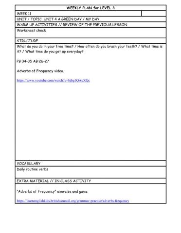 Level 3 Week 11 weekly plan