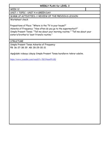 Level 3 Week 12 weekly plan