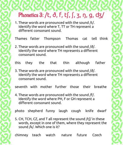 Phonetics 3: t, ð, f, tʃ, ʃ, ʒ, ŋ, g, ʤ