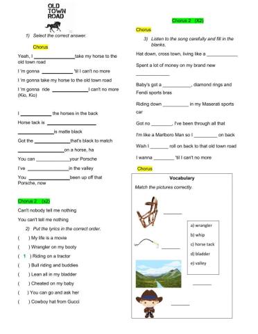Old Town Road (Song Worksheet)