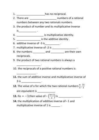 Workshhet onn rational number