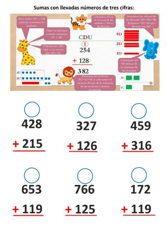 Sumas con llevadas números de tres cifras (decenas)