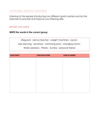 Sports centres vocabulary